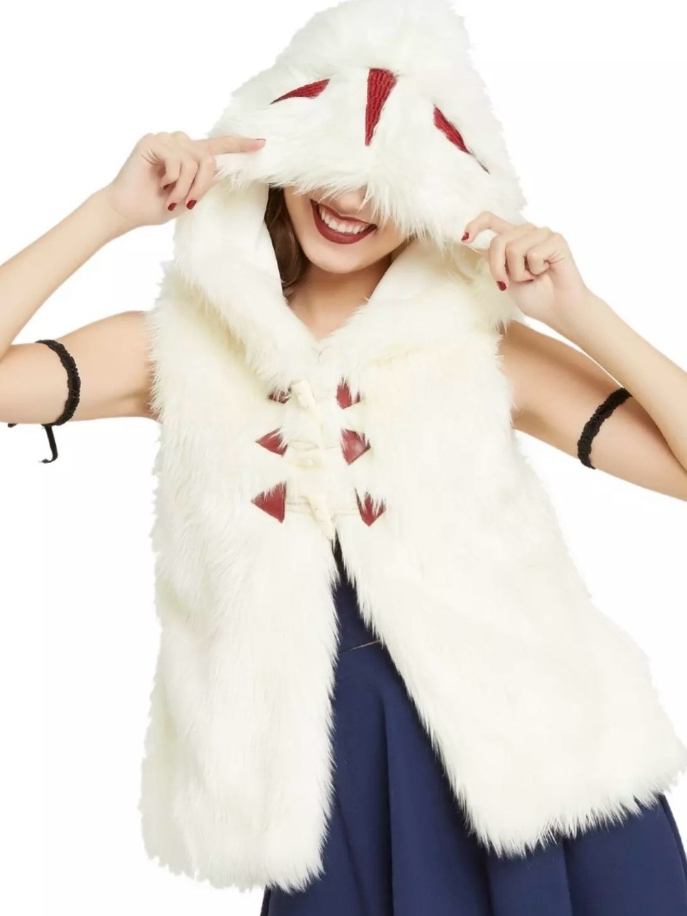 White Faux Fur Hooded Toggle Vest Princess Mononoke Inspired L EUC